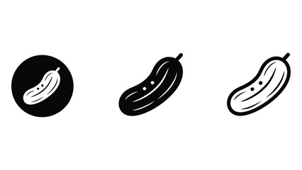  Minimal black and white cucumber or pickle icon set featuring three clean vector-style illustrations, including solid, outlined and circular badge versions, perfect for food, farming and organic them