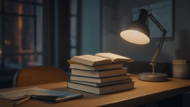 stack of books and a lamp