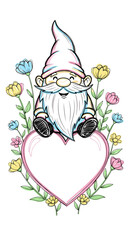 Cartoon gnome sitting inside a heart surrounded by colorful flowers  