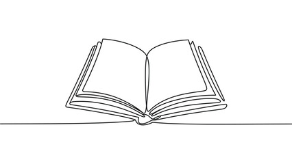  Minimalist continuous line art illustration of an open book with turning pages, symbolizing knowledge, learning, education, literature, study, reading habits, academic concepts, and creative imaginat