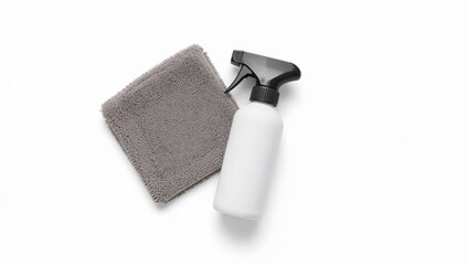 Minimalist cleaning concept with blank spray bottle and gray microfiber cloth on white background for hygiene and disinfection themes