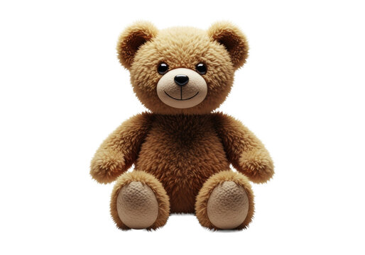 Hyper-photorealistic close-up portrait of a vintage, sepia-brown teddy bear with f/1.4 shallow depth of field and rim lighting on white background. Enduring childhood comfort concept
