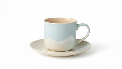 Minimalist pastel ceramic coffee cup with saucer on white background, modern tableware design, elegant kitchen decor trend
