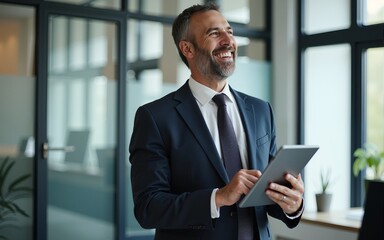 Happy middle aged business man ceo wearing suit standing in office using digital tablet. Smiling mature businessman professional executive manager looking away. Generative AI. High quality