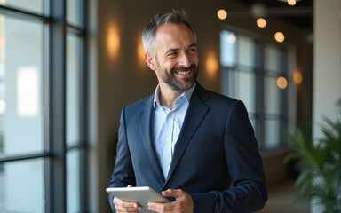 Happy middle aged business man ceo wearing suit standing in office using digital tablet. Smiling mature businessman professional executive manager looking away thinking working on tech device.