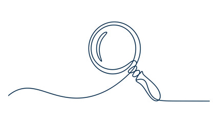 Obraz premium Minimalist continuous line drawing of a magnifying glass with circular lens and handle—ideal for search, investigation, research, scrutiny, branding, and elegant graphic design applications