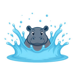 Playful hippo emerges from vibrant splash of water, creating lively scene with transparent background that enhances its cheerful expression