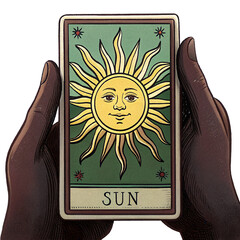 Sun card features vibrant sun illustration with cheerful expression, held against transparent background