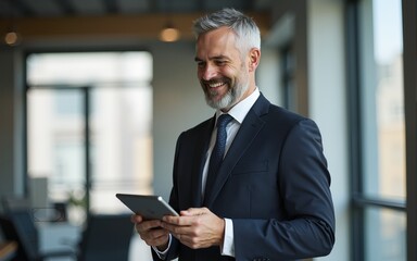 Happy middle aged business man ceo wearing suit standing in office using digital tablet. Smiling mature businessman professional executive manager looking away thinking working on tech device.