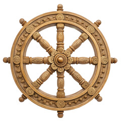 Wooden dharma wheel with intricate carvings and transparent background, showcasing craftsmanship and design