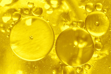 Gold Oil Drops, Gold Bubbles Background, Close Up Water Oil Drops Abstrack Background