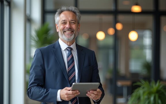 Happy middle aged business man ceo wearing suit standing in office using digital tablet. Smiling mature businessman professional executive manager looking away thinking working on tech device. - Powered by Adobe