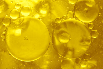 Gold Oil Drops, Gold Bubbles Background, Close Up Water Oil Drops Abstrack Background