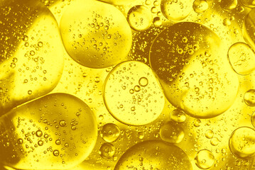 Gold Oil Drops, Gold Bubbles Background, Close Up Water Oil Drops Abstrack Background
