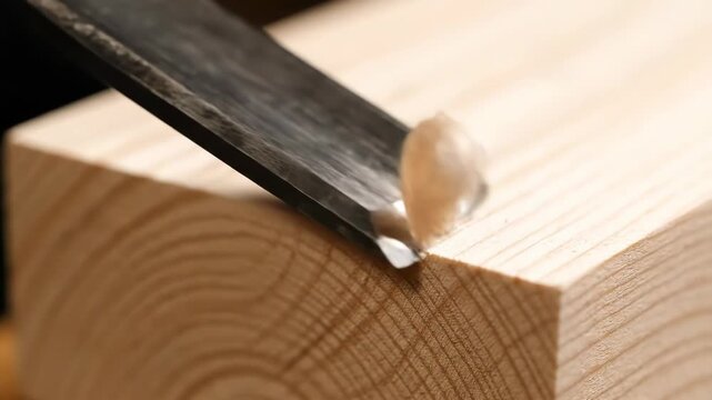 A sharp chisel carves delicate shavings from a wooden block. This close-up shows the precise art of woodworking.
