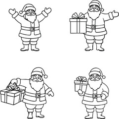 A set of Santa Claus with gifts. Black and white line art illustration for the holiday season