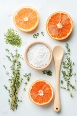 Dried orange slices with herbs and white powder in a bowl next to a wooden spoon on a white surface.