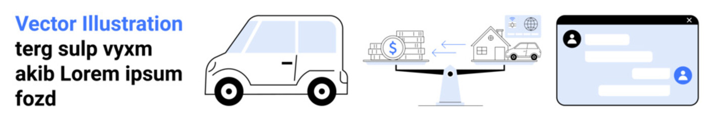 Obraz premium Financial stability, asset management, digital communication, budgeting, loan comparison, transportation costs. Scale balancing money and vehicles. Financial stability and asset management concept