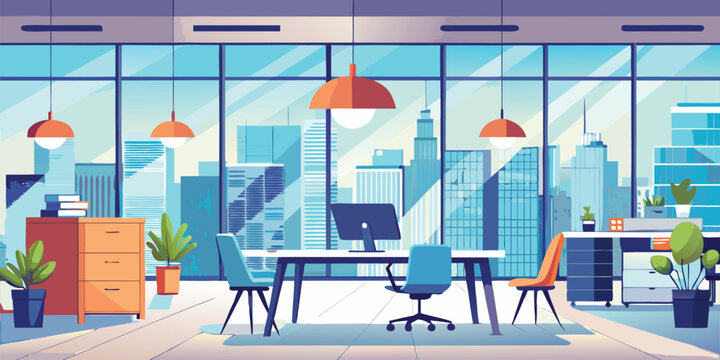 A bright and modern office space with city view, featuring desks, chairs, and potted plants.
