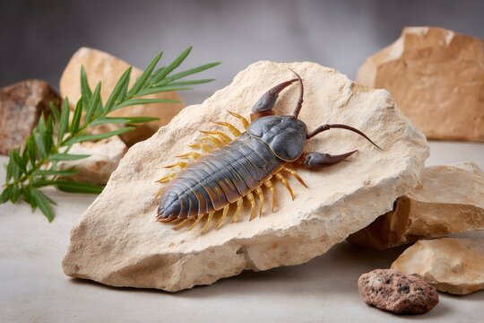 Eurypterid sea scorpion model on ancient rocks