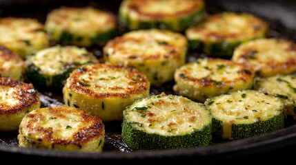 Cooking zucchini rounds on a hot pan and preparing a tasty side dish in a kitchen setting