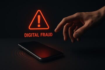 Smartphone with Digital Fraud Warning and Hand Reaching