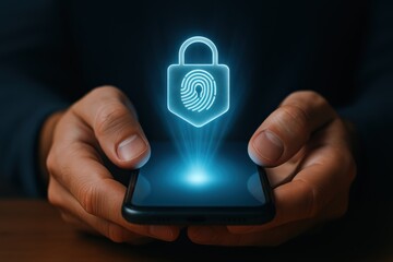 Secure Smartphone with Biometric Fingerprint Padlock Icon