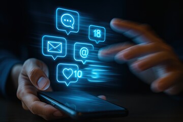 Blue Holographic Social Media Notifications Emerging from Smartphone