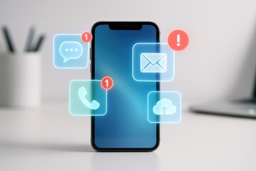 Smartphone with Floating Digital Communication Icons