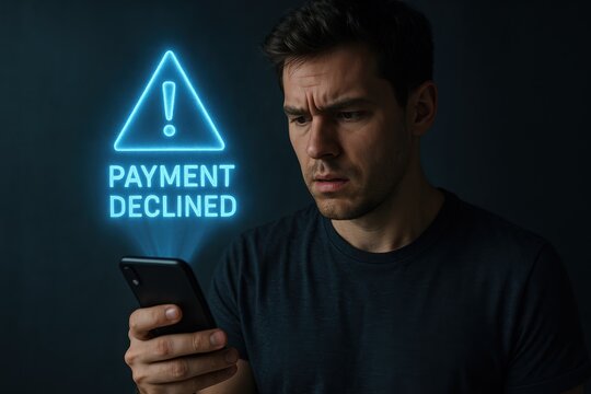 Concerned Man Reading Payment Declined Message on Phone