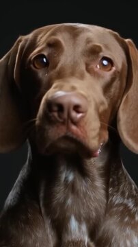 Expressive portrait of a German Shorthaired Pointer isolated on a black background. The camera slowly approaches, the dog is alert, calling or asking for something by barking. He looks sad but cute