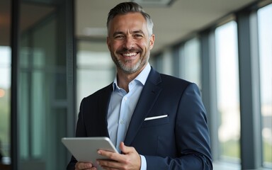 Happy middle aged business man. Ceo wearing suit standing in office. Man using digital tablet. High quality