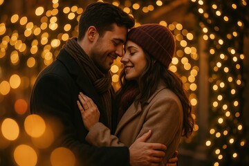 Romantic Couple Embracing Beneath Christmas Lights at Night