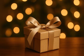 Christmas Gift Box on Table with Festive Bokeh Background