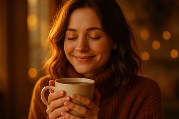 Smiling Woman Holding Hot Drink in Cozy Lighting