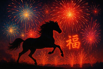 Silhouette of Horse with Fireworks and Chinese Symbol