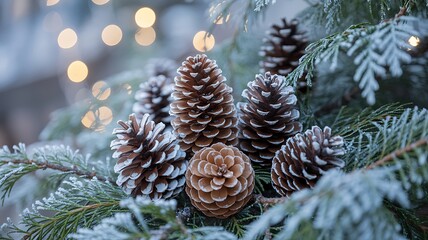Cluster of frosted pine cones nestled on a snow-dusted evergreen branch with bokeh lights image photo