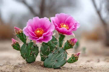 Prickly pear cactus blooming with vibrant pink flowers