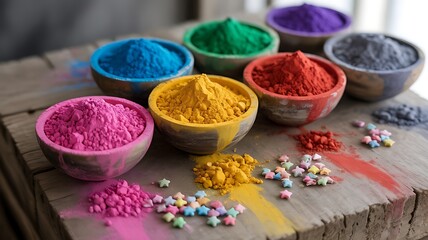 Colorful powders in wooden bowls and scattered on a rustic wooden surface pigment vibrant