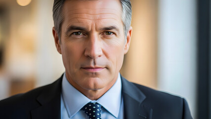 Confident mature businessman in a sharp suit, looking directly at the viewer with a serious and determined expression, embodying professional leadership and corporate gravitas