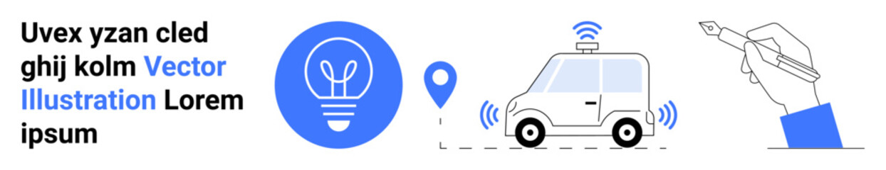 Self-driving vehicles, GPS navigation, transportation technology, innovation design, mobility solutions, smart car systems. Features car with wireless signals and location pin. Self-driving vehicles