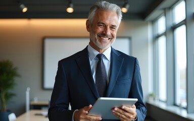 happy middle aged business man ceo wearing suit standing in office using digital tablet smiling mature businessman professional executive manager looking .image illustration. High quality