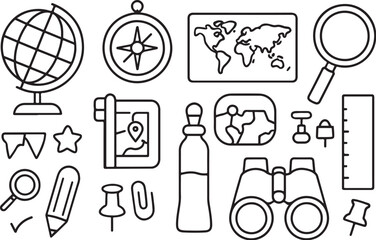 Geography Tools Line Art Set Globe, Compass, Map Outline Icons.eps