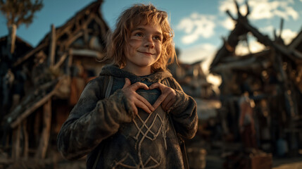 Portrait of little girl love heart reaction on his hand ai generated