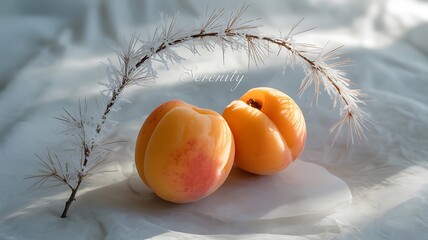 Two ripe apricots nestled amongst frosted pine branches with the word Serenity elegantly scripted fruit