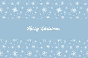Christmas greeting design with Merry Christmas text in white cursive font on light blue background. Surrounded by decorative white snowflakes. Ideal for holiday cards and seasonal messages