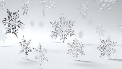 Close-up of intricate, crystalline snowflakes falling and resting on a reflective white surface, creating a serene winter scene.