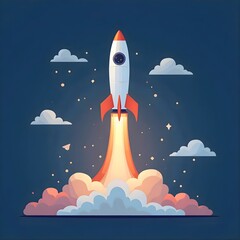 Fototapeta premium Rocket Launching into Night Sky with Clouds and Stars