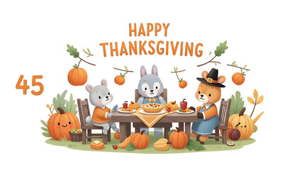 Obraz premium Cute cartoon animals celebrate Thanksgiving with a festive dinner table, pumpkins, and autumn decorations.