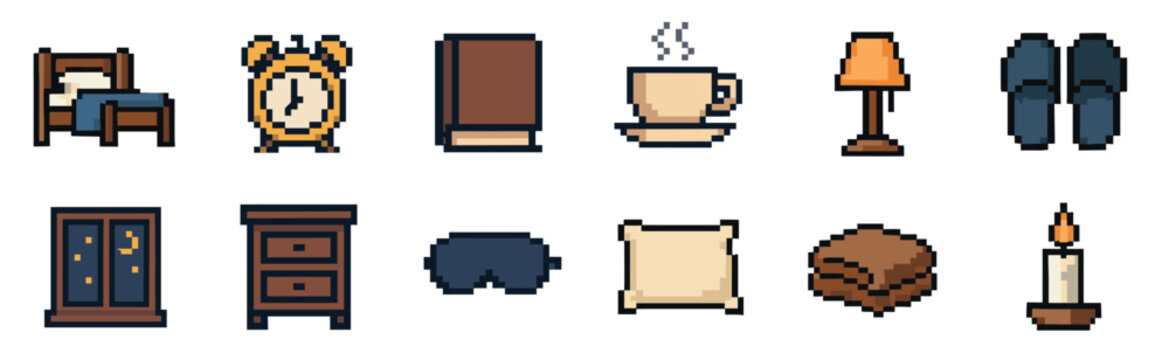 Collection of pixel art icons depicting various cozy bedroom and sleep-related objects, rendered in a charming retro 8-bit video game style with clear, distinct details